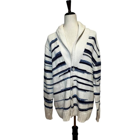 Vince Men’s Shawl Collar Textured Stripe Cardigan Sweater Ivory Navy L NWT $445 - Picture 2 of 10